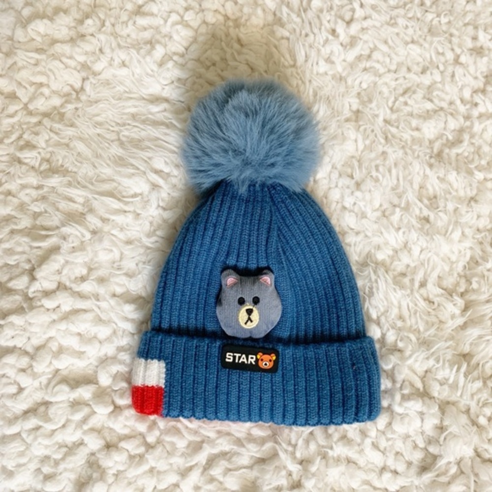 Boys Girls Blue Acrylic Knit Beanie with Pom Pom, Bear Patch, and “Go!” logo